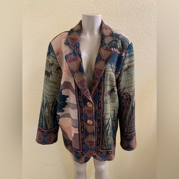 VTG It’s In The Bag Unge- Potch-Ket African Safari Animals Tapestry Blazer - Picture 3 of 11